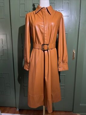 Mare Mare Long Sleeve Faux Leather Belted Midi Dress - Camel